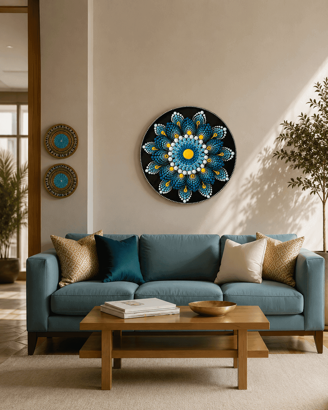 Blue dot-mandala wall art above a sofa